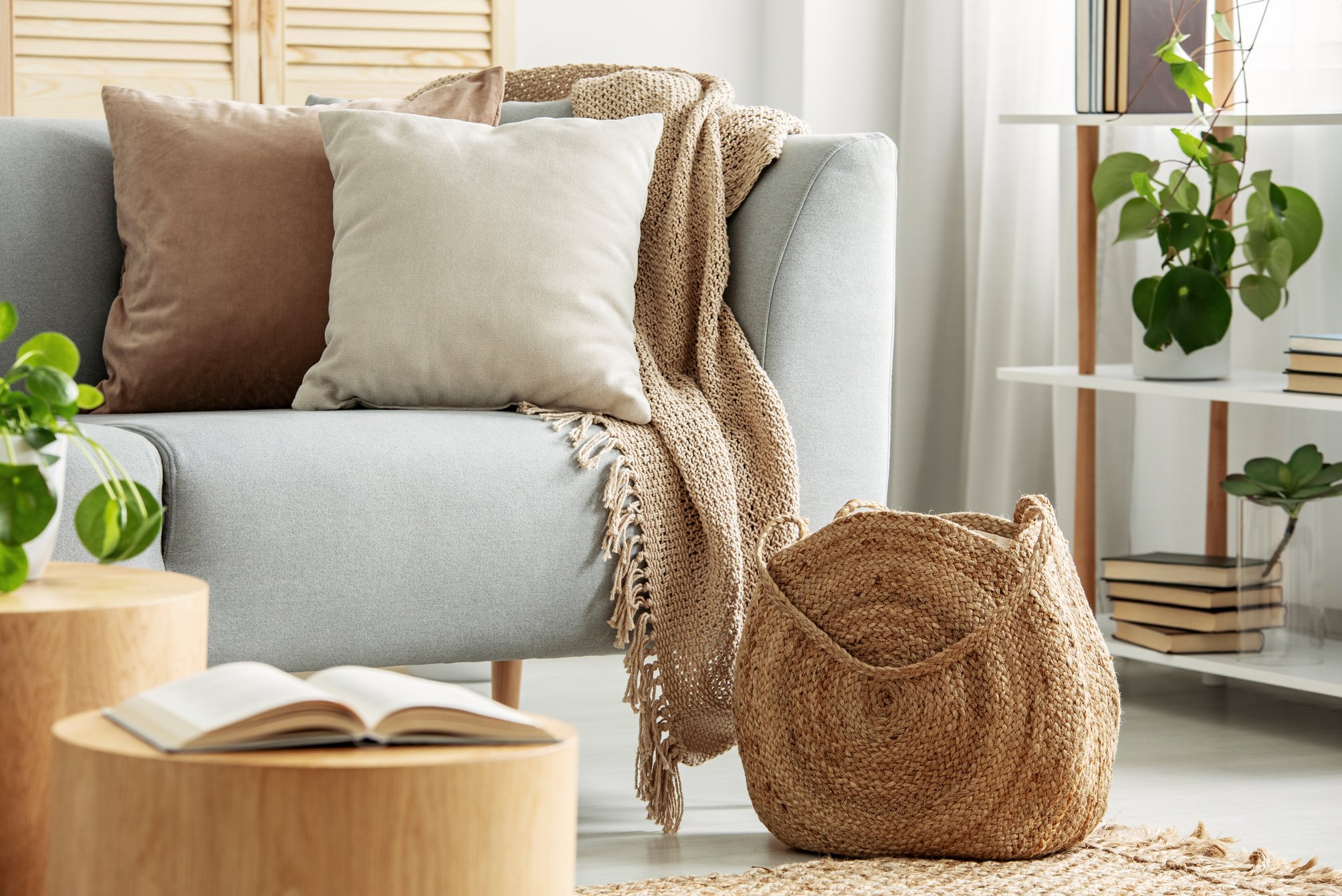 Beige cushions on gray couch in modern living room